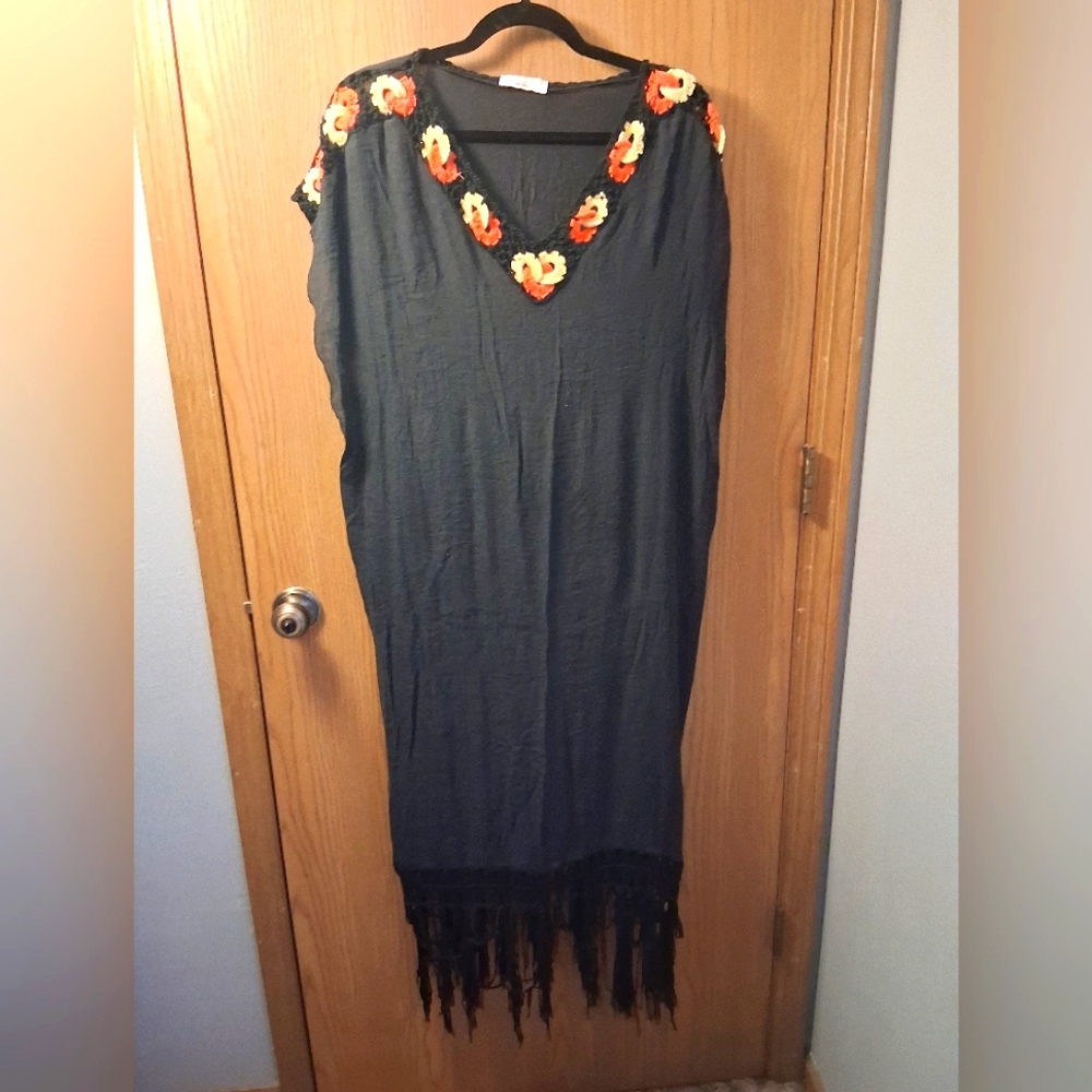 Black Maxi Dress/Cover Up with Floral Embroidery and Fringe Size L